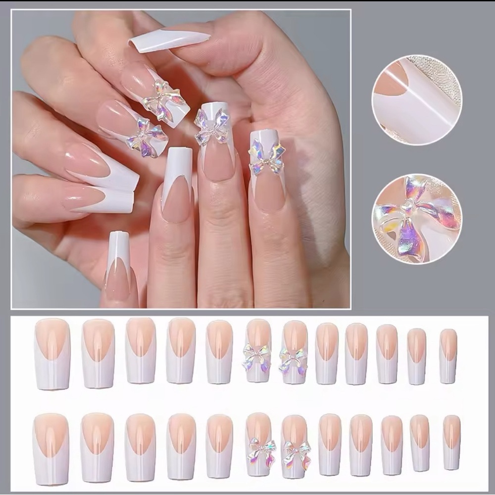 Blush Pink False Nails Bowknot Diamond Pearl 3D Design Woman DIY Fake Nails